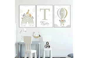 Youihom 3 Laminas Animales Infantil Arco Iris Globo Aerostático Poster Nombre Bebe Boho Verde 30 x 40 León Jirafa Elefante Cuadro Personalizado Niño Niña Decoración Pared Regalo sin Marco