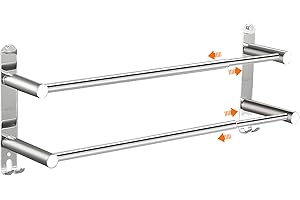 DAGORD Toallero de Pared para Baño en Acero Inoxidable Extensible 43-75cm 2 Barras Toallero Plata Brillante con Ganchos - Instalación Adhesiva o Atornillada para Baño y Cocina Pared Brillante