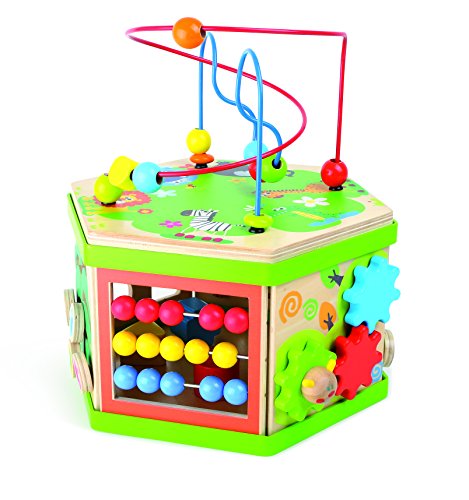 Motorikwürfel Safari aus Holz, vielfältige Spielerlebnisse auf sieben Spielflächen, mit Motorikschleife, Schiebespiel und Rechenschieber, für kleine Entdecker ab 3 Jahren - 4