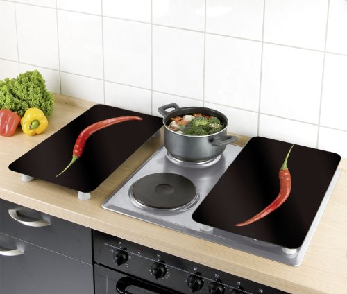 WENKO 2521380100 Herdabdeckplatte Universal Hot Peperoni – 2er Set, für alle Herdarten, Gehärtetes Glas, 30 x 1.8-4.5 x 52 cm, Mehrfarbig - 3