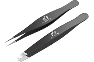 Majestic Bombay Juego de Acero Inoxidable con Punta Inclinada + Pinza quirúrgica para Cabello encarnado. Pinzas Puntiagudas de precisión con Punta de Aguja Afilada para Quitar astillas (Negro)