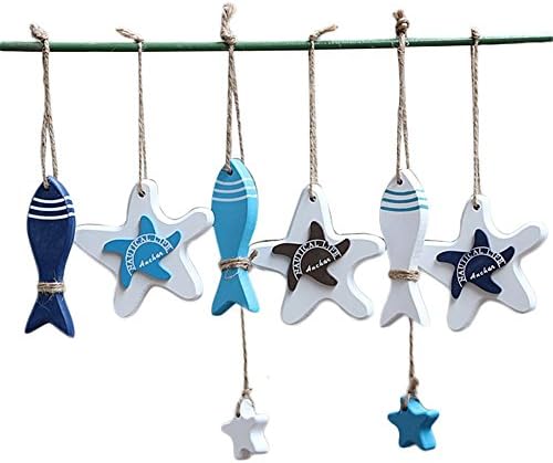 iTemer 6 pcs Mediterranean Style Wood Starfish Fish String Creative Wall Decor Hanging Decoration Accessory for Kids