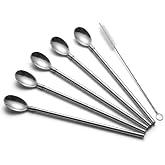 Deconox 5 Par&ccedil;a Karıştırıcı Kaşıklı Paslanmaz &Ccedil;elik Pipet Seti, 4 Adet Kaşıklı Metal Pipet ve Temizleme Fır&ccedil;ası, Soğuk Kahve,