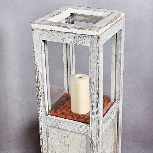 3er Set Windlichtsaeule Laterne Windlicht mit Glas Scheiben Weiß Rustikal Holz - 3