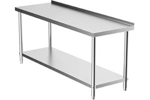 FIDOOVIVIA Stainless Steel Kitchen Catering Table Heavy Duty Work Bench Food Prep Workbench Dining Table Double Layer with 3.5CM Worktop Backsplash 180 x 60 x 80CM