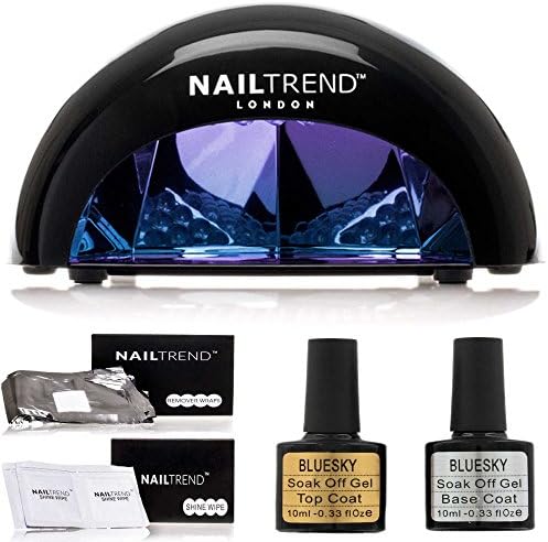 Bluesky Nail Gel Polish Starter Kit Salon Quality, (Kit B) - Nail Trend 12W LED Black Lamp, Base &amp; Top Coat, Remover Wraps, Shine Wipes