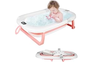 HUOLE Baignoire Pliable Bébé avec Thermometre Digital,Baignoire Bebe avec Tapis de Bain Baignoire de voyage portable pour bébés et enfants de 0 à 24 mois Newborn Essentials-80 * 50 * 23-rose