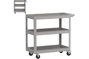 GiantexUK 2/3-Tier Tool Trolley, Metal Frame Utility Service Cart with 4 Wheels and Handle, Heavy Duty Rolling Storage Trolley for Office, Garage, Warehouse and Workshop (3-Tier, Flat Handle, Grey)