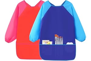 JUHONNZ Kids Art Smocks,2 Pack Toddlers Artist Apron Long Sleeves with 3 Roomy Pockets Waterproof Painting Aprons for Art Crafts Classroom Community Events Age 5-10 Years Girls Boys