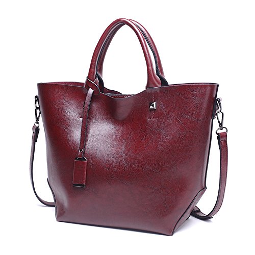 NICOLE&DORIS Fashion Women Bucket Bag Tote Handbag Shoulder Bag Messenger Large Waterproof PU Leather Dark Red