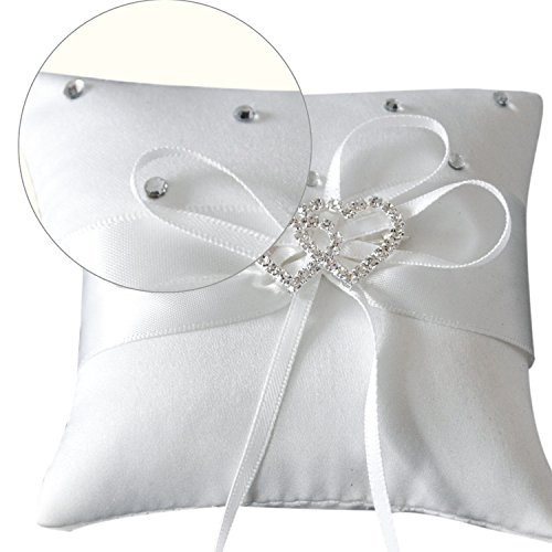 JUYUAN-EU schöne Blumen-Knospe Hochzeit Tasche Elfenbein Ringkissen Doppel-Herz Träger 20 x 20 cm - 3