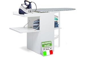 Shally Dogan Mobile Asse da Stiro a Scomparsa Salvaspazio Richiudibile, Mobiletto Pieghevole Telaio in Legno per Stiratura Veloce, 4 Ruote per Spostamento, Ideale Lavanderia, Bagno (Bianco)
