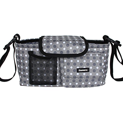 Damero Pram Buggy Buddy Stroller Organiser Storage Bag with Shoulder Strap, Great for Bike or Car Seat Organiser, Gray Dots