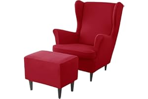 JHLD Stretch Husse für Ohrensessel Mit Ottomane Schonbezug, Spandex Husse für Ohrensessel Mit Hockerbezug Mit elastischem Boden Ohrensessel Schonbezug -rot-3 Stück