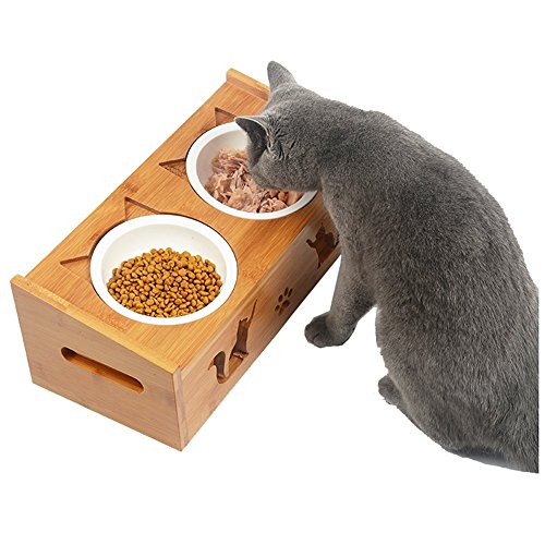 Cat-Ear-Pet-Food-Wooden-TableDog-and-Cat-Diner-Pet-FeederWood-Wood-Dining-Table-with-Double-Bowl-Raised-Stand-Comes-with-Extra-Two-Ceramics-Bowls-Perfect-for-Pets