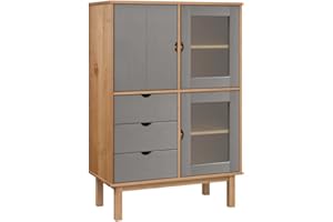 vidaXL Aparador Alto Auxiliar Armario Consola Mueble Almacenamiento Estantería Sala de Estar Casa Decoración Madera Maciza de Pino Marrón y Gris