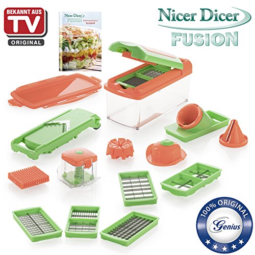 Genius Nicer Dicer Fusion Julietti | 19 Teile | Alles-Schneider | Reiben | Julienne + Spiralen | Hobeln | Würfeln | Schneid-Gerät | TV-NEU Farbe Neon-Grün-Orange