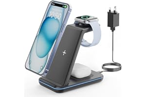 GEEKERA Wireless Charger Stand, 3 in 1 Wireless Charging Station for iPhone 16/15/14/13/12/11/Pro Max/XS/XR/X/8, Fast Charging Stand for Apple Watch 2-Ultra, Docking Station for AirPod 4/Pro/3/2-Black