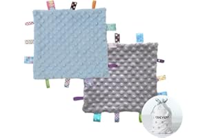 CREVENT Tag Security Blankets for Babies, Soft Small Taggie for Boys Girls, Baby Comforter Sensory Blanket, Great Gifts for Birthday Baby Shower 24X24cm(Blue+Grey)