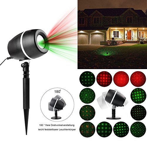 AGOTD Led Licht Projektor,Landschaftprojektor, wasserdicht Outdoor Garten Scheinwerfer, LED Lichteffekt, innen/außen IP65, 3 Farben/Modi, dynamische und statische Motive, 6 Stunden Timer, Gartenleuchte Projektor, Mauer Dekoration, Party Licht, Gartenlicht für Festen, Weihnachten, Karneval (Rot + Grün)