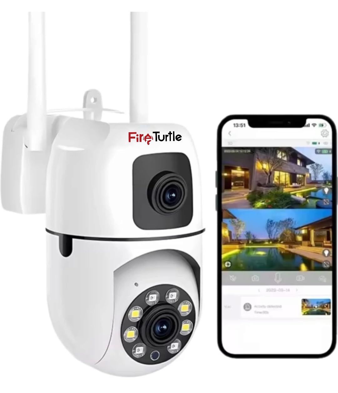 Fire turtle 4+4MP Dual Lens Smart Wi-Fi Indoor Camera with 1080P Color Night Vision, Two-Way Audio, PTZ Control, Siren, 360° Coverage, Motion Detection & 128GB SD Support (Wall Camera)