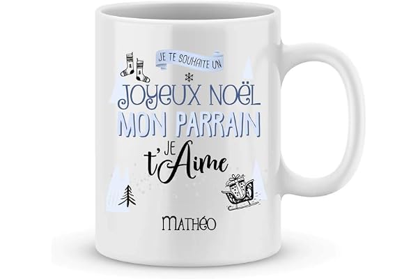 Cadeau de Noël PARRAIN - Mug parrain à personnaliser avec le prénom de votre enfant - Cadeau original Noël - Cadeau Noël parrain - Cadeau jour de l'an parrain - Mug parrain