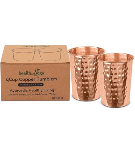 ANCIENTIMPEX Set Mit 2 Kupfer-Bechern – Innen Reines Kupfer, Außen Edelstahl Mit Blumenmuster, 250 Ml – Für Ayurvedisches Kupferwasser