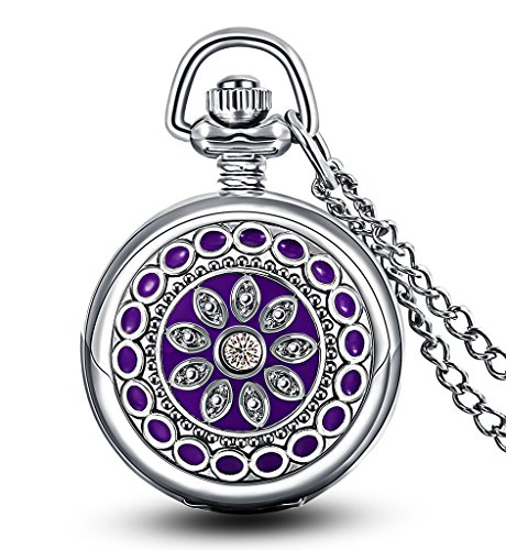Unendlich U Luxus Purple Blume von Enamel mit klein Quarz Taschenuhr mit Spiegel und arabischen Ziffern,Silber