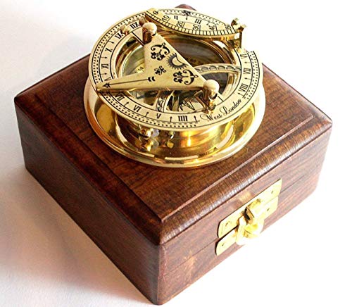 BRASS SUNDIAL COMPASS -Solid Brass Pocket Sundial - West London With Wooden Box