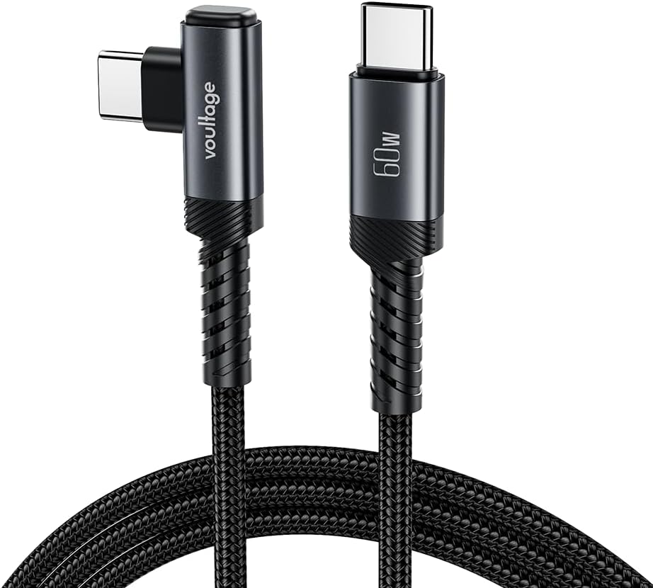 Voultage Type-C to Type-C L Uçlu 60W PD Hızlı Şarj Kablosu, 1 Metre, 90° Dirsek Uçlu USB-C Kablo, 3A, 480 Mbps Veri Aktarımı, Örgülü Naylon, Telefon, Tablet ve Bilgisayar Uyumlu – Siyah