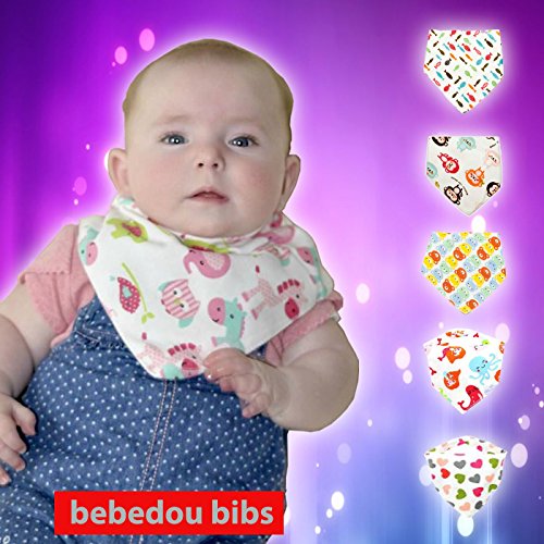 Bebedou 5 PACK GIRLS Super Absorbent Pure Cotton Stylish Bandana / Dribble Bib for Babies and Toddler, fun colourful design, baby shower gift, burpy towel •Lovely designs • very good quality •nice and funky • (5 Pack Gift Set) •unique baby gift • protects against drool rash • and reflux cute and stylish •. high quality absorbent drool bibs •Made with a 100% soft cotton