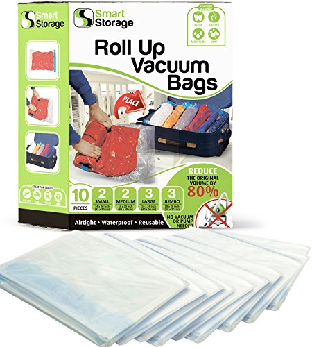 Smart Storage Sacs de Rangement déroulables 10 PC | Sacs à Vide pour vêtements, literie et Voyage | Pas de Pompe ou aspirateur nécessaire/Sacs sous Vide avec Fermeture à glissière de