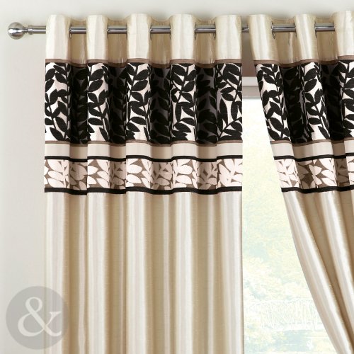 Just Contempo Chenille Leaf Lined Eyelet Curtains, Black, 66x72 inches