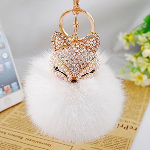 Xpres Plush Ball Artificial Fox Head Inlay Pearl Rhinestone Keychain (White)