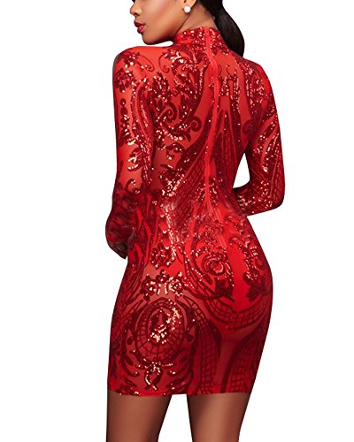 Damen Slim Kurze Pailletten Kleider Langarm Bodycon Kleid Mit Rundkragen Rot M - 2