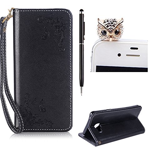 SKYXD Leder Hülle für Samsung Galaxy A5 2016 Rosen Blumen und Schmetterlings Muster,PU Folio Klappbar Schutzhülle [Brieftasche Kartenfach / Magnet / Standfunktion / Trageschlaufe] Klapphülle mit [Eule Handyanhänger + Eingabestift] 3 in 1 Zubehör Set Handy Tasche Etui for für Samsung Galaxy A5 2016 A510F Bookstyle Flip Case Leather Cover With [Stylus and Dust Plug]- Schwarz