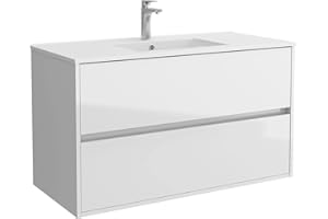 SALGAR Conjunto Mueble baño 100 cm con Lavabo 100% montado de fábrica | Modelo Noja color Blanco lacado Brillo suspendido 2 cajones cierre amortiguado Tiradores tipo uñero con Lavabo porcelana blanca