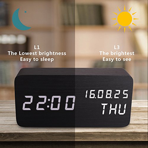 Leeron LED Digital Wecker, Zeigt Uhrzeit Datum Woche und Temperatur, Würfel Holz förmigen Sound Control-Schreibtisch-Wecker für Heim und Büro schwarz - 5