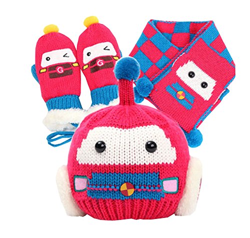 Unique Winter Baby Hats/Caps Scarf & Gloves Useful Cute Woolen Baby Set Fushcia