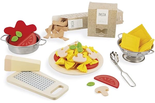 Janod - Pasta Mix - Set de Pâtes - Jouet d'Imitation Cuisine et Dinette - 58 Eléments Inclus en Bois, Carton et Feutrine - Certifié FSC - Peinture à l'eau - Dès 3 Ans, J06598