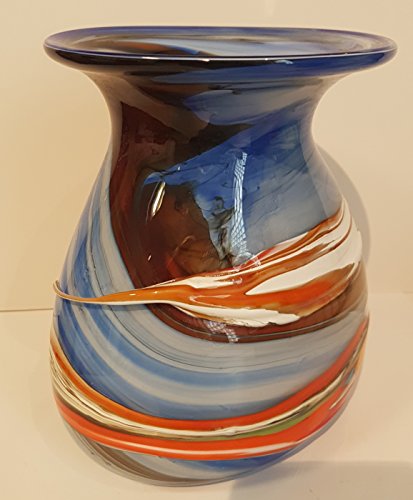 Vase ovale Form, bauchige farbige moderne Glasvase bunte dekorative Blumenvase mit Dekor aus farbigem Glas, mehrfarbig blau-beige marmoriert Tischdekoration mundgeblasen Höhe ca. 19-21 cm Oberstdorfer Glashütte - 2