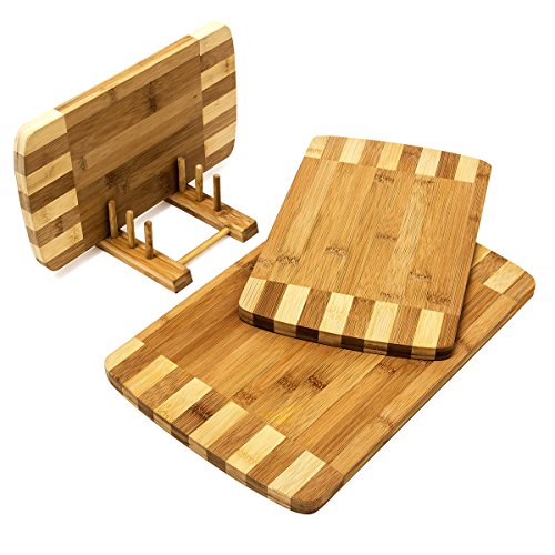 Relaxdays Schneidebretter Set 3 Größen mit Halter Küchenbretter aus Bambus gestreift Brettchen fürs Frühstück in modernem Design im praktischen Brettchenständer pflegeleicht und messerschonend, natur - 3
