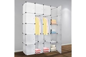‎HERRSELSAM Herrselsam DIY Kleiderschrank Regalsystem 20 Würfel Garderobe Kleiderschrank Offen Kunststoff Garderobe mit Türen Garderobenschrank Weiß 180 x 142 x 37CM