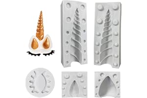 FUNMOVE Set di 5 stampi, in silicone, a forma di unicorno, con corno, orecchie e occhi, per decorazione di fondente, torte e cioccolatini
