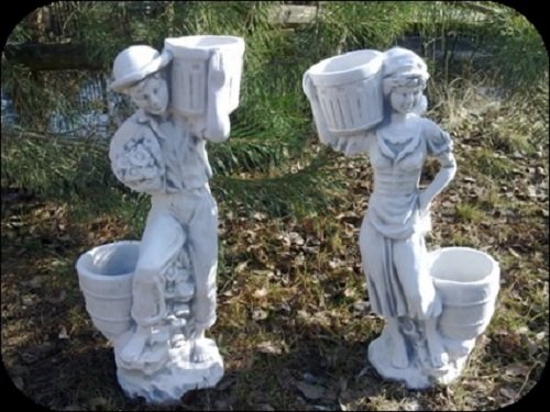 Junge & Mädchen mit Körben Set (A248+A249) Gartenfiguren Statuen Steinguss 55 cm