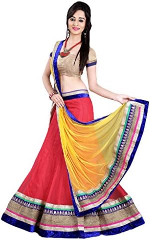 Suchi Women's Red &amp; Yellow Embroidered Net Semi Stitched Lehenga Choli