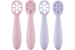 PandaEar 4-pack silikonskedar för baby från 4 månader, rosa lila | Fyra träningsskedar, Mjukt silikon, Grunt skedhuvud, Greppvänlig design, För självmatning från 4 månader