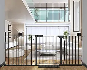 HOOOEN Extra Wide Baby Gate Extra Wide Extra Tall Dog Gates for Stairs Doorways Black Metal Tension Indoor Safety Gates with Pressure Mount 71.5-76.38 Inch