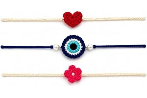 Handmade Crochet Floral Rakhi Set with Pearl Accent | Designer Raksha Bandhan Gift Combo (Pack of 3) heart shape/mini flower/