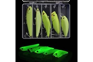 GudGmtoy Kit de cebo de pesca Glow – 5 piezas de cebo luminoso Minnow Crankbait VIB Popper lápiz noche duro señuelo con ganchos agudos, caja de aparejos para bajo agua salada agua dulce